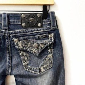 Miss Me Rhinestone Signature Cuffed Distressed Western Jean Capris Embellished